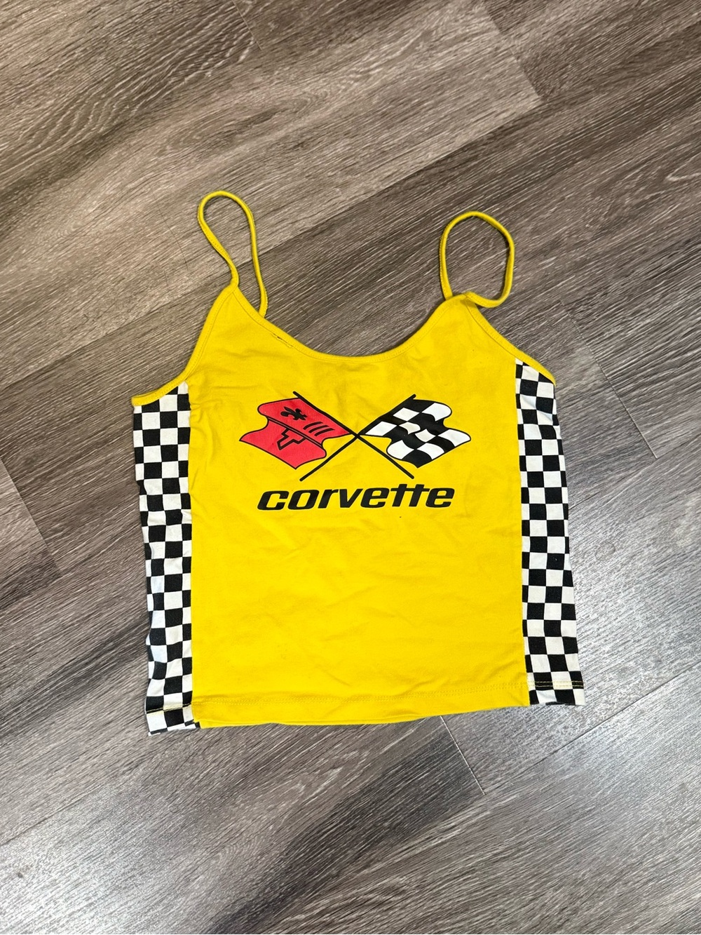 Chemistry Yellow Corvette Checkerboard Racer Crop Tank